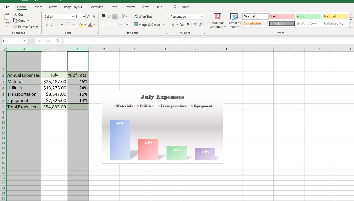 Снимок экрана с выбранными столбцами в Excel