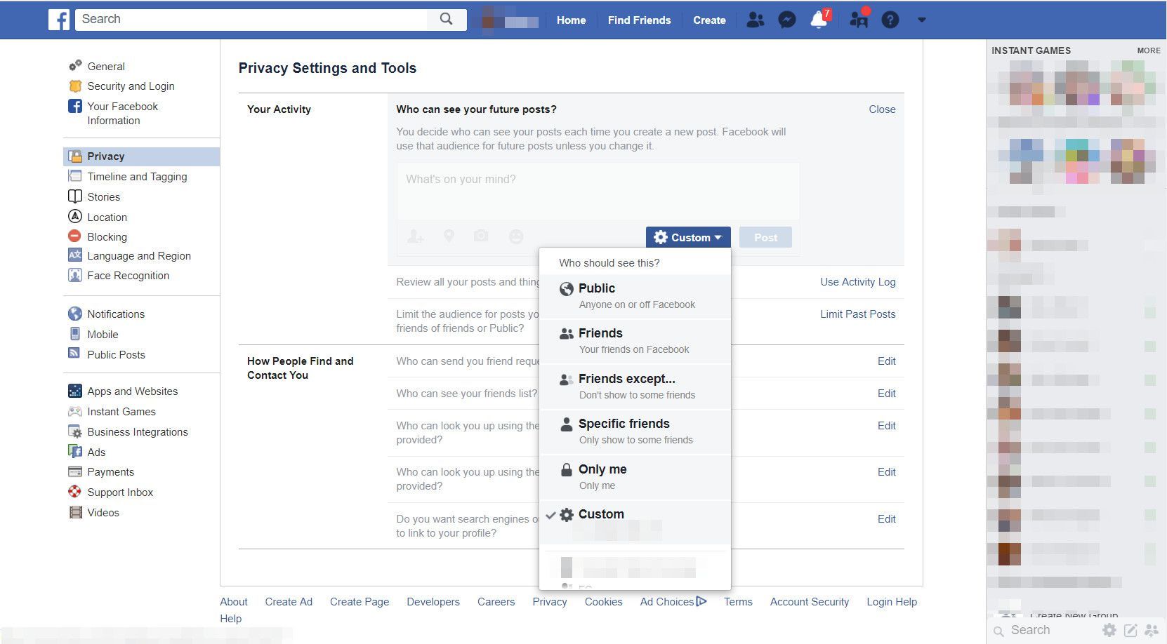 Facebook с отображенной страницей настроек конфиденциальности и инструментов