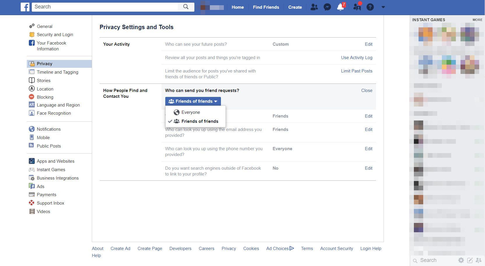 Facebook с настройками приватности