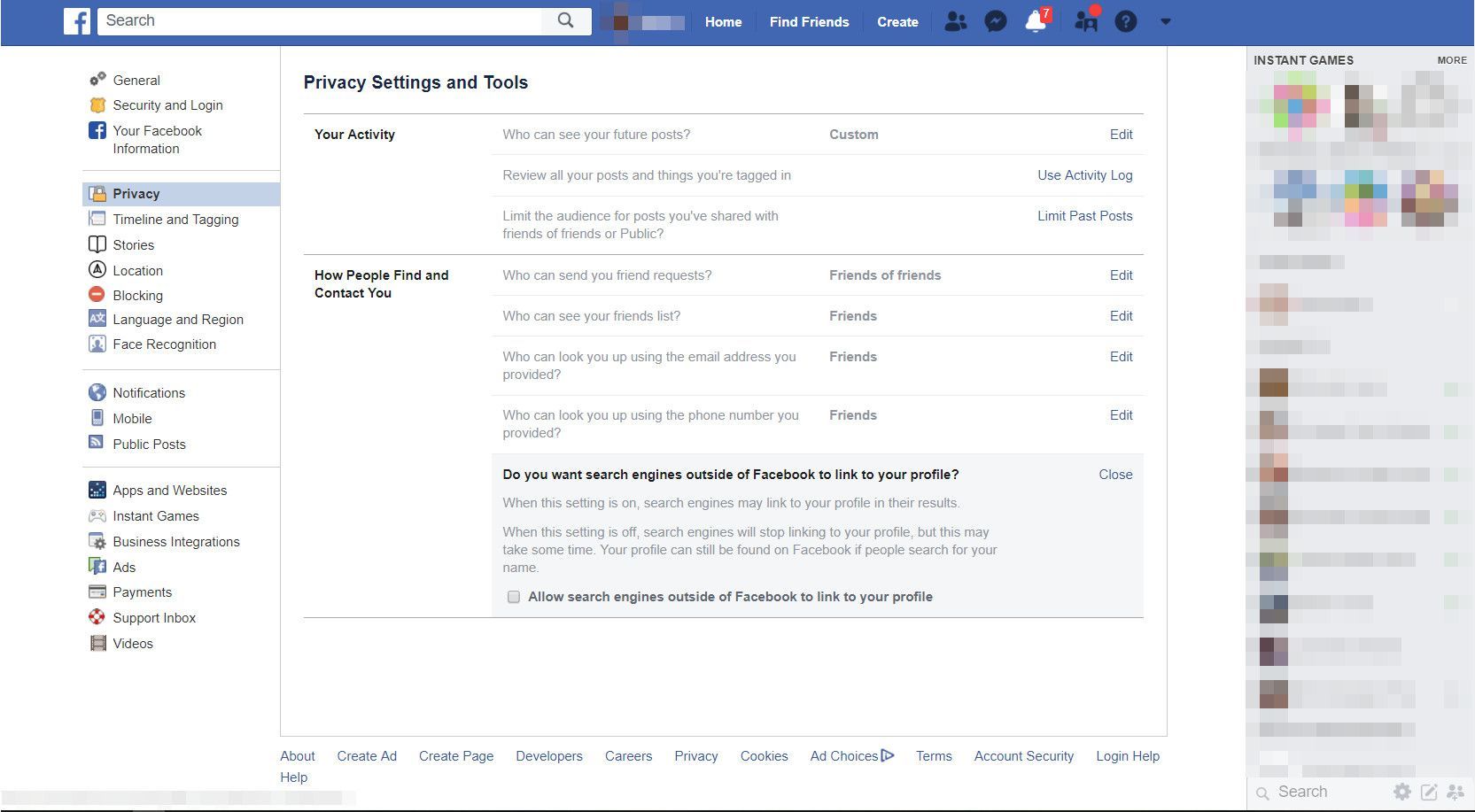 Facebook с настройками приватности
