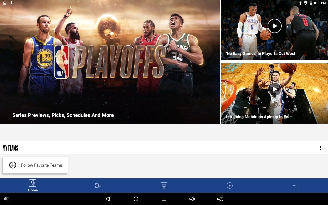 Домашняя страница официального приложения NBA для Android.
