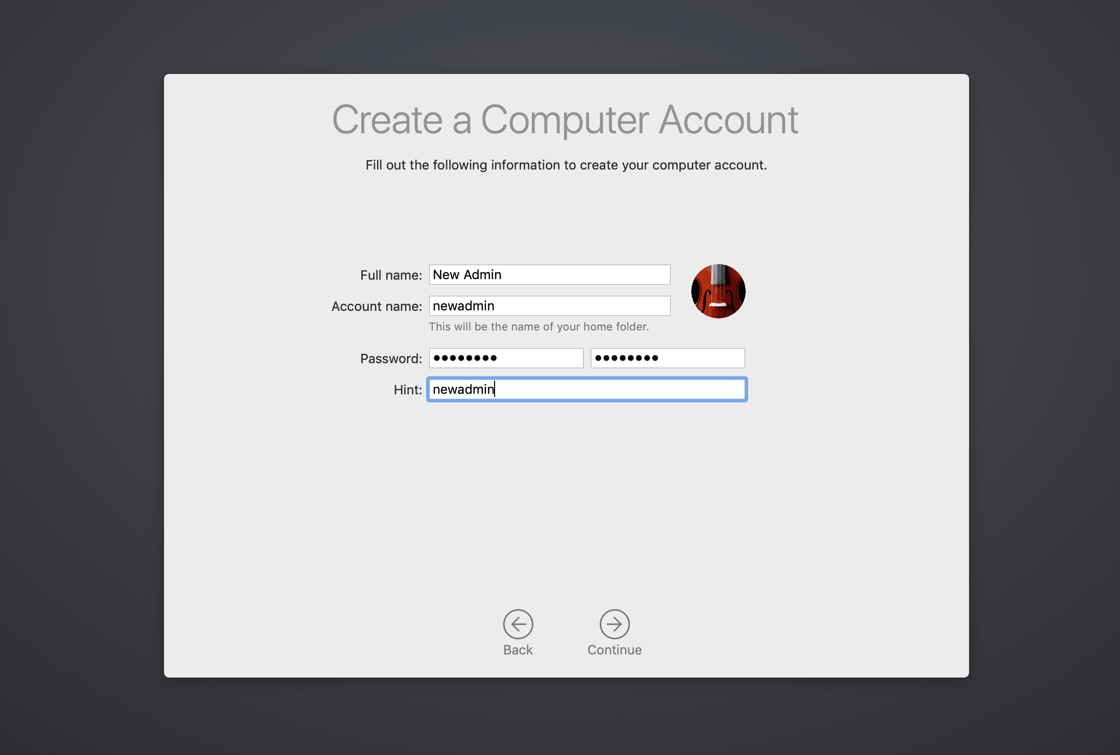Создать экран учетной записи компьютера в macOS