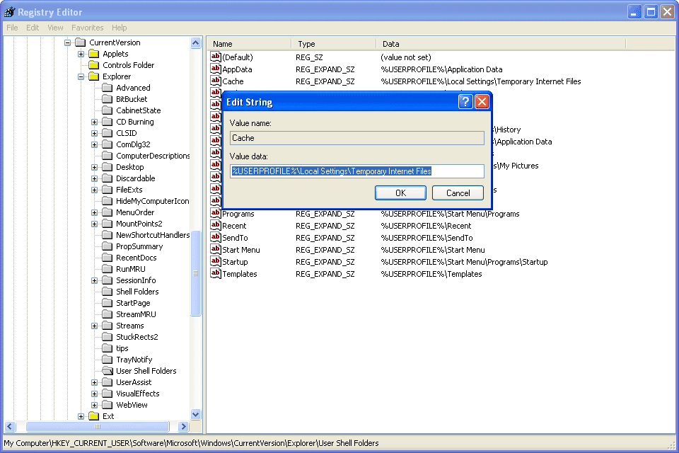 Снимок экрана, показывающий расположение реестра Windows в XP для изменения расположения папки временных файлов Интернета в Internet Explorer
