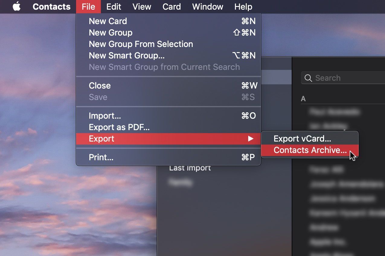 Снимок экрана, показывающий, как сделать резервную копию контактов