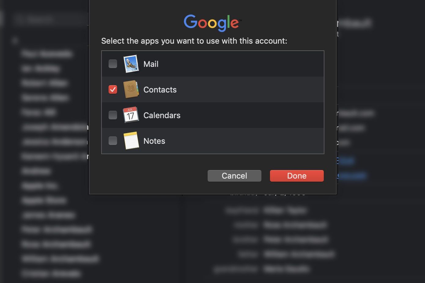 Выбор опции Google Контакты