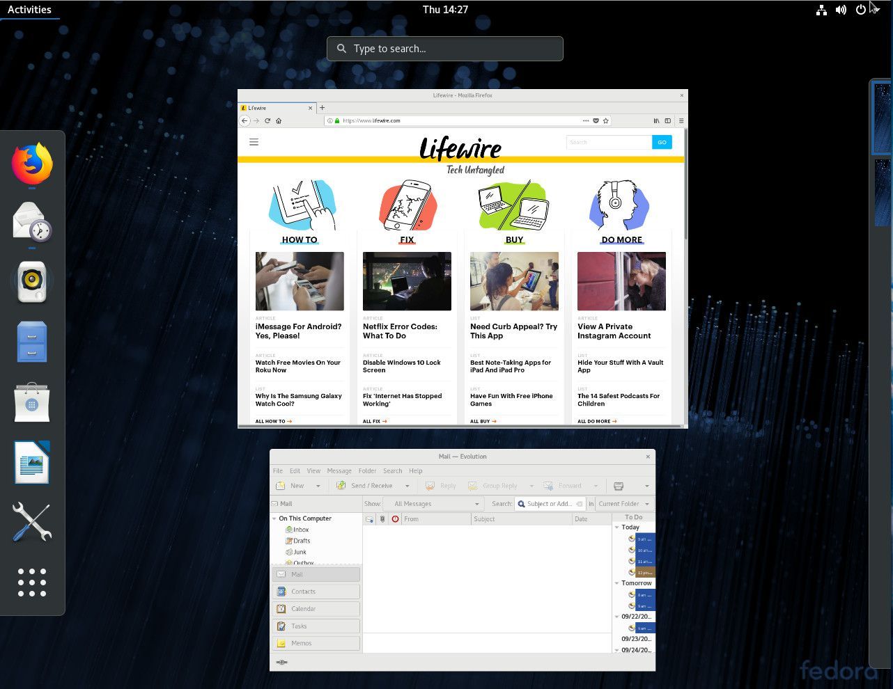 Снимок экрана, на котором показан обзор действий GNOME.