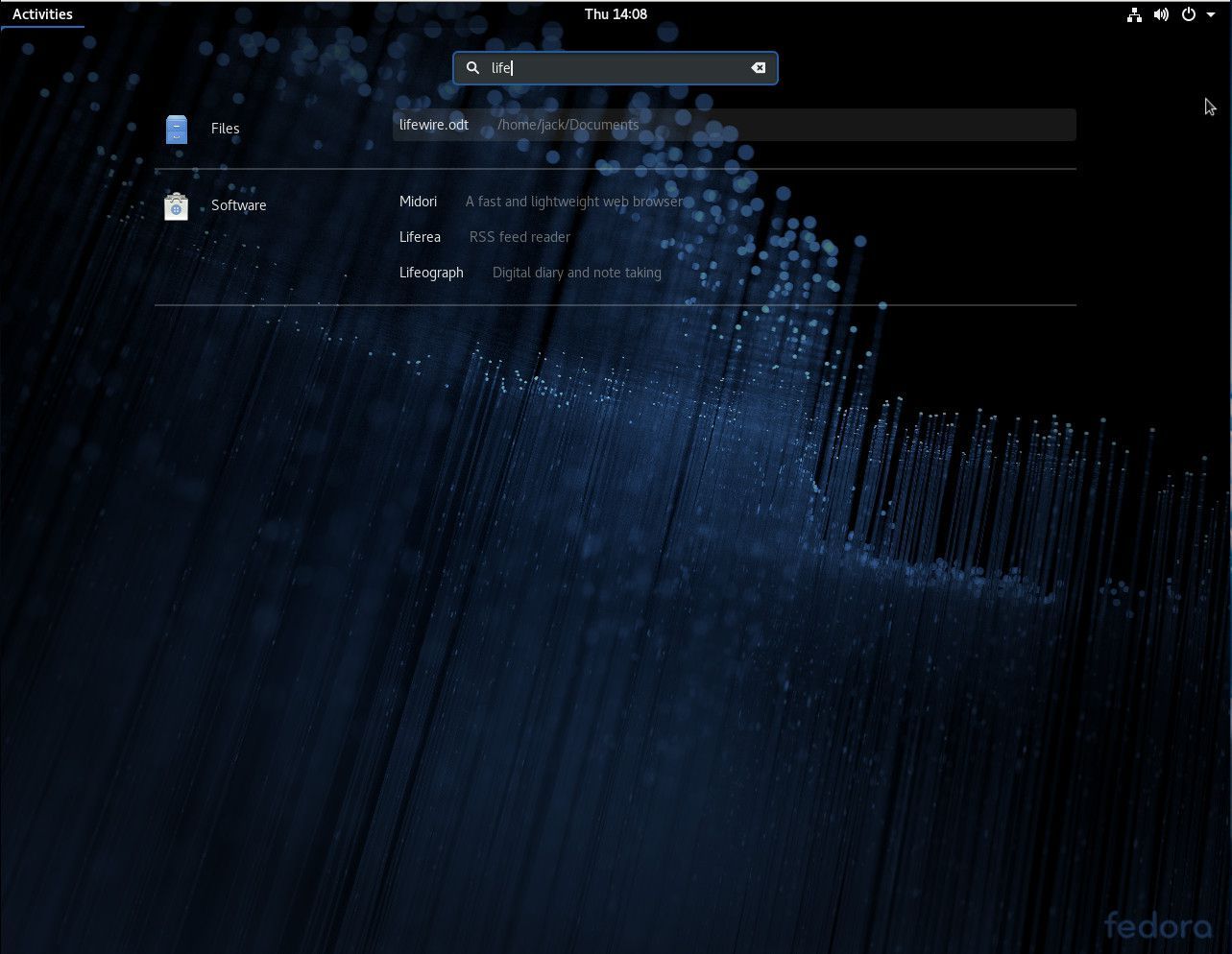 Скриншот, показывающий, как искать файлы в GNOME.