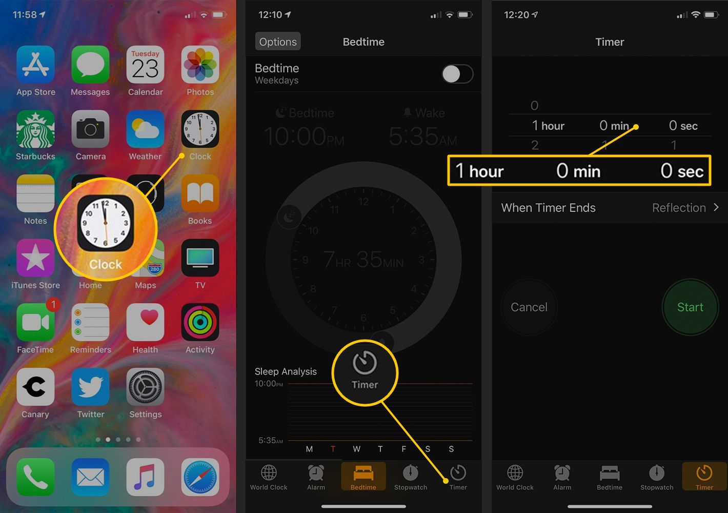 Значок часов, кнопка таймера, настройки таймера на iPhone