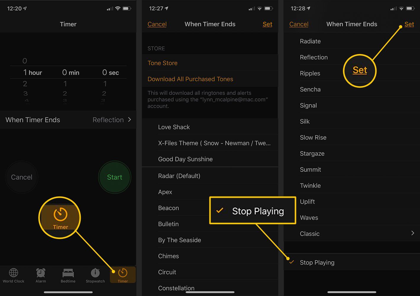Кнопки таймера, остановки воспроизведения и установки в приложении iOS Clock