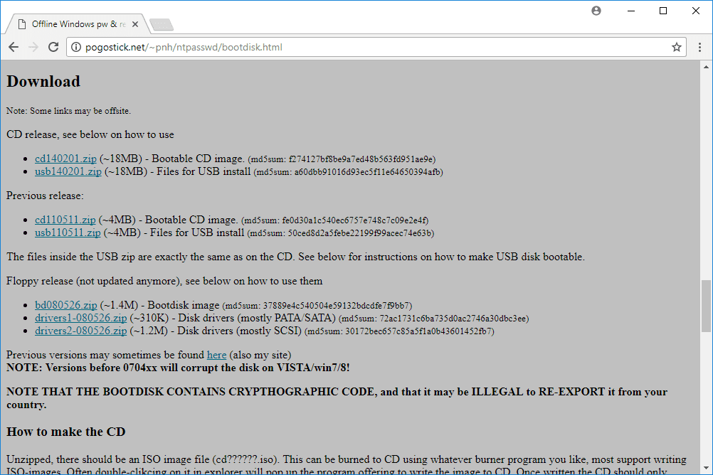 Снимок экрана страницы загрузки редактора паролей и реестра Offline NT