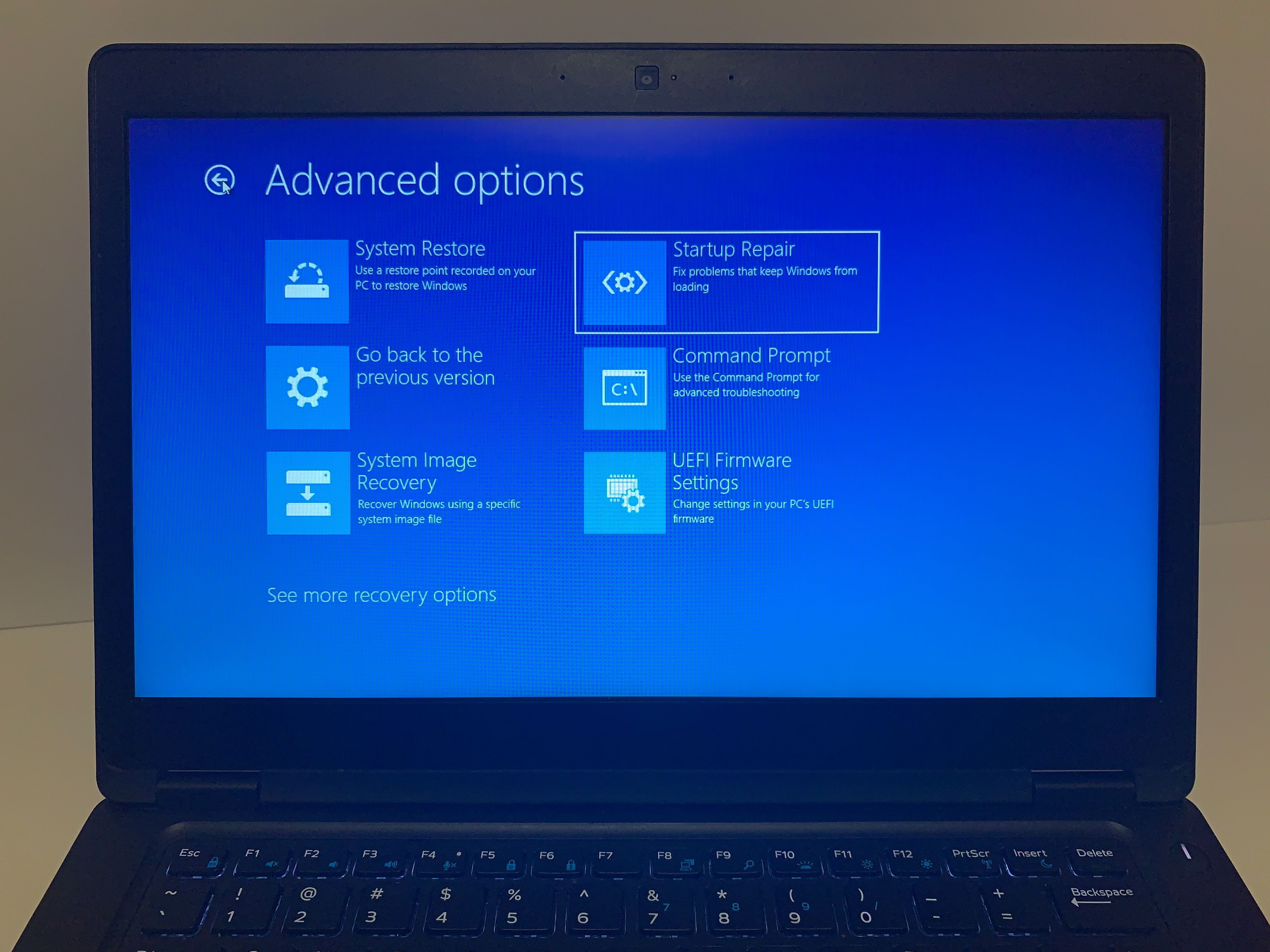 Снимок экрана Windows 10 с выбранным средством восстановления при загрузке