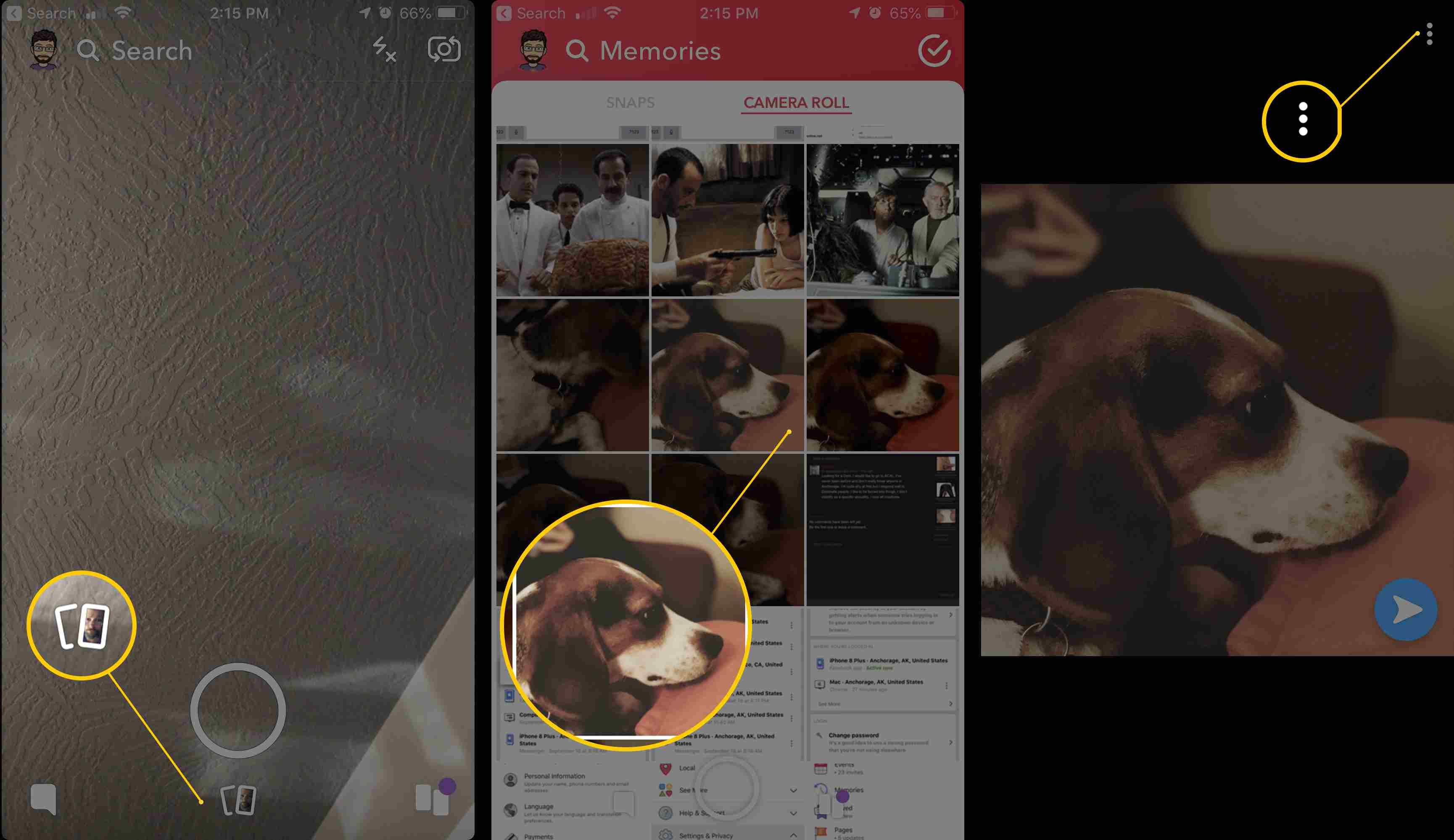 Три экрана iOS, показывающие значок фотографии, фотографии из Camera Roll и трехточечное меню в Snapchat
