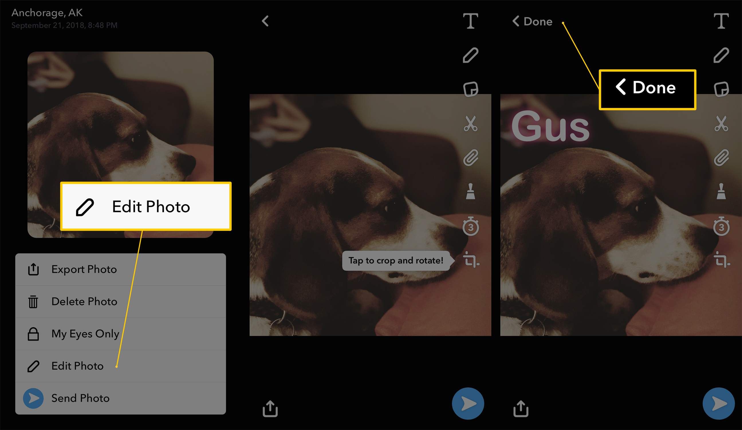 Три экрана iOS от Snapchat с кнопками «Редактировать фото», «Редактировать» и «Готово»