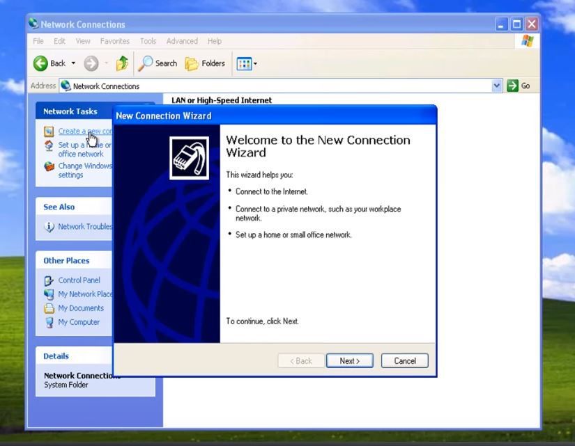 Снимок экрана мастера подключения XP