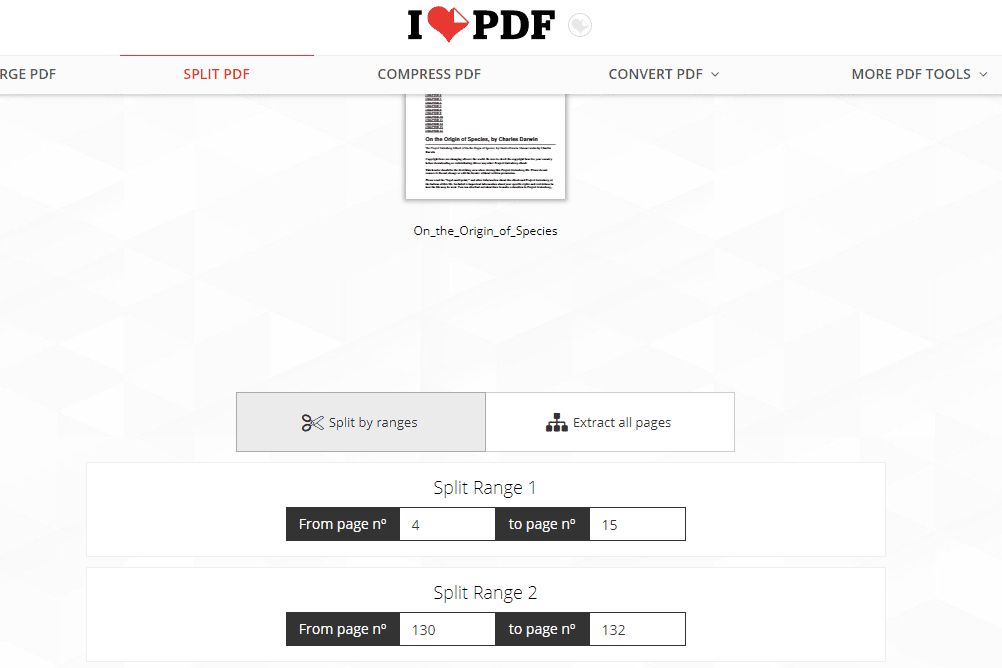 Снимок экрана сайта iLovePDF для разделения PDF-файлов