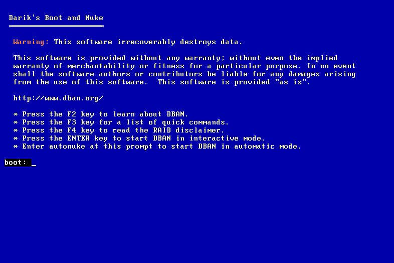 Снимок экрана программы очистки жесткого диска DBAN
