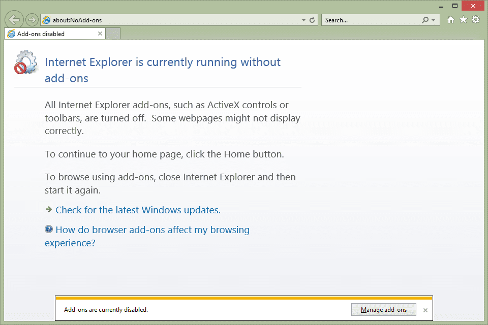 Скриншот безопасного режима Internet Explorer