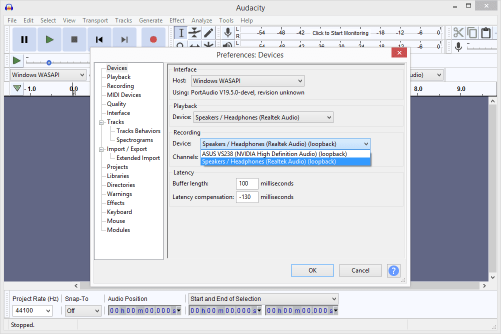 Настройка Audacity для устройства записи Windows с выбранными динамиками или наушниками