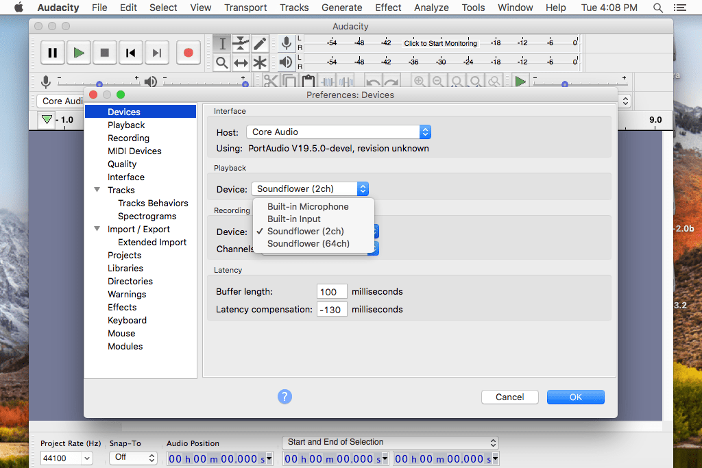Настройки устройства Audacity установлены на Soundflower в macOS
