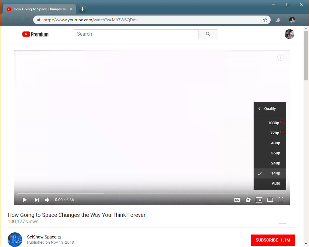 Скриншот снижения качества видео на YouTube.