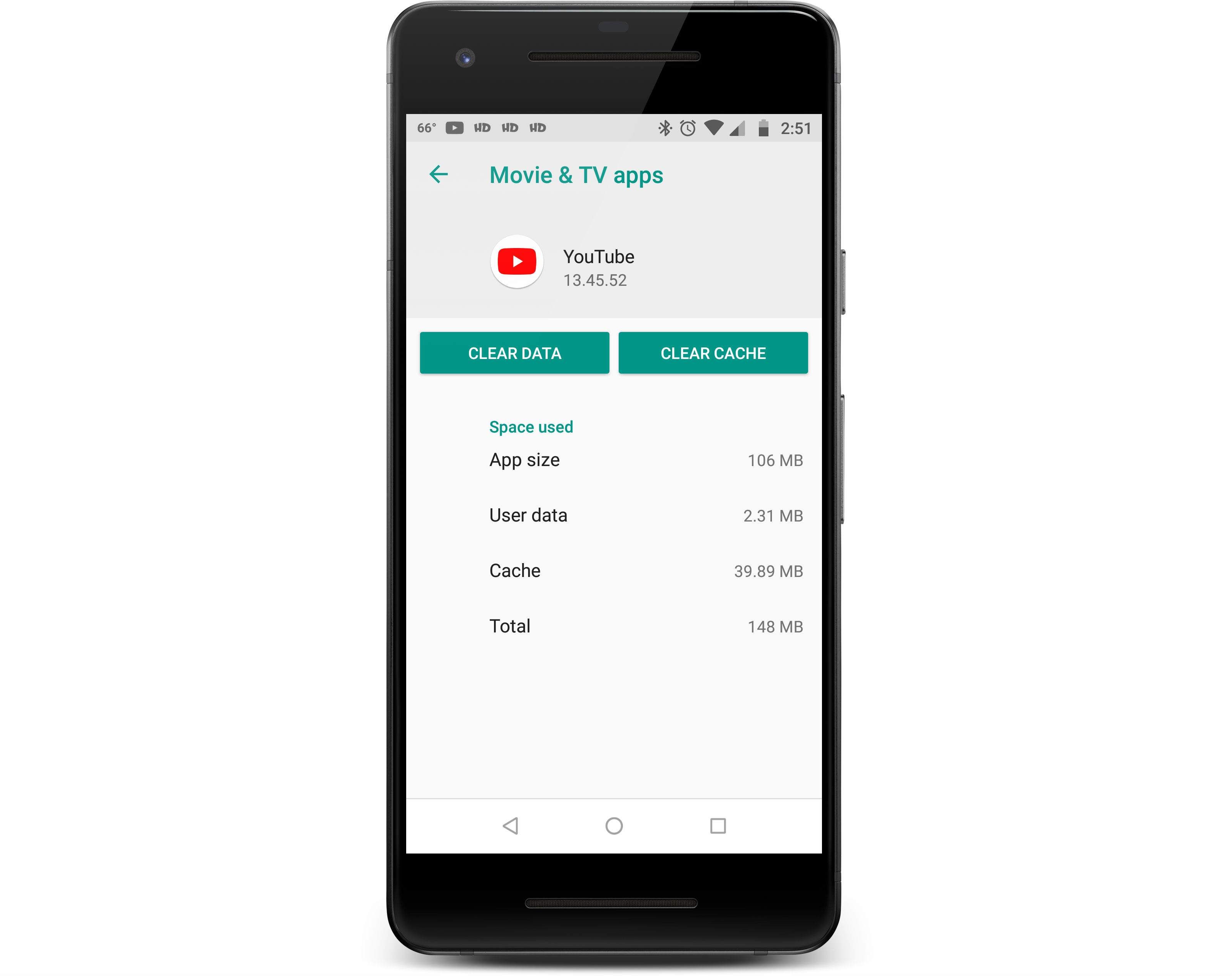 Меню очистки кэша приложения YouTube отображается на телефоне Android.