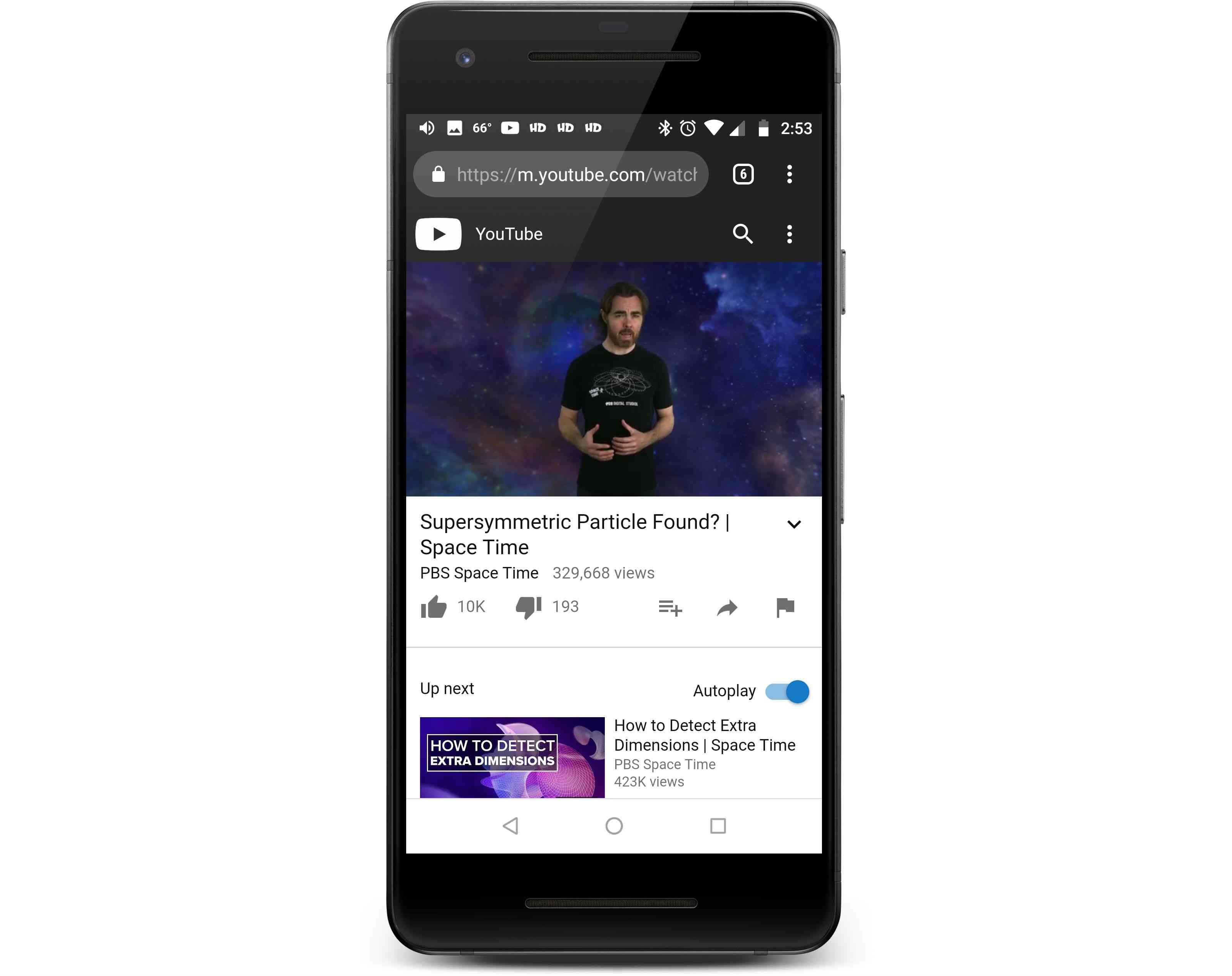 Видео YouTube, воспроизводимое на устройстве Android в мобильном веб-браузере.