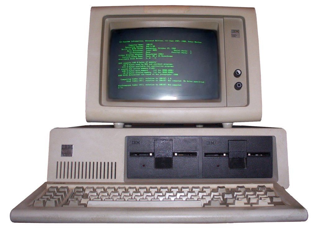 IBM PC 5150 с клавиатурой и зеленым монохромным монитором (5151), работающий под управлением MS-DOS 5.0