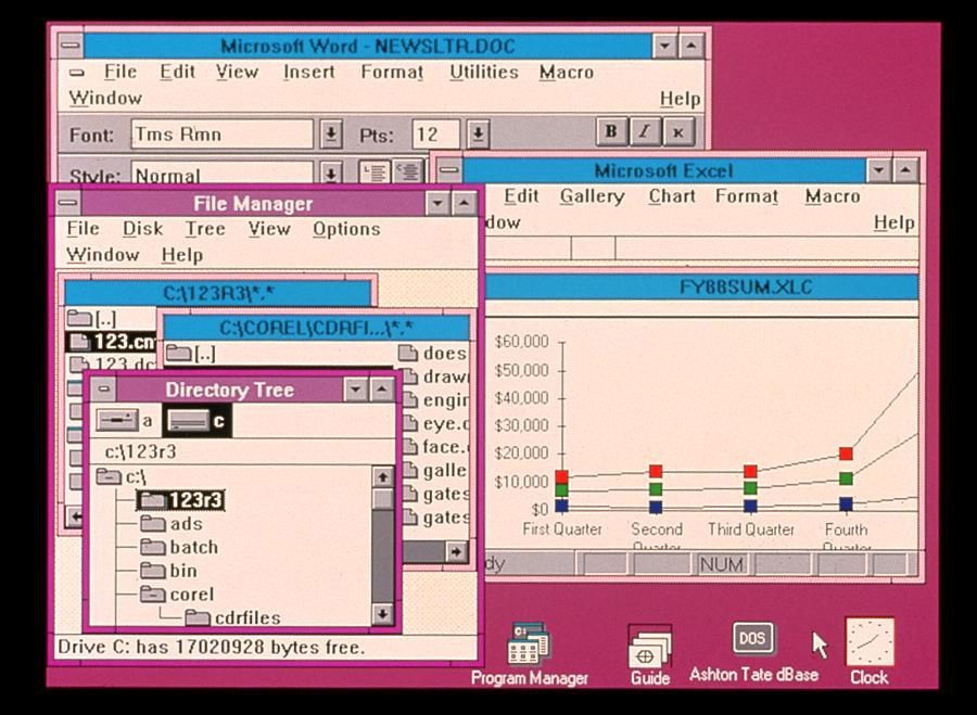 Снимок экрана Windows 3.0, Word и Excel