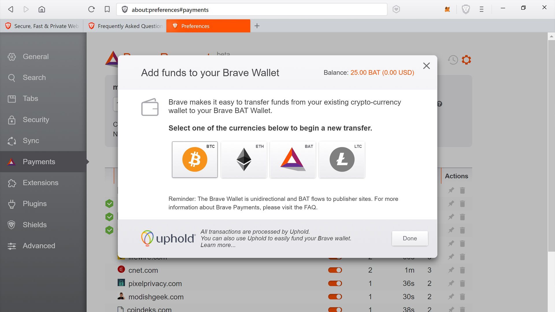 Скриншот экрана покупки Brave Browser BAT.