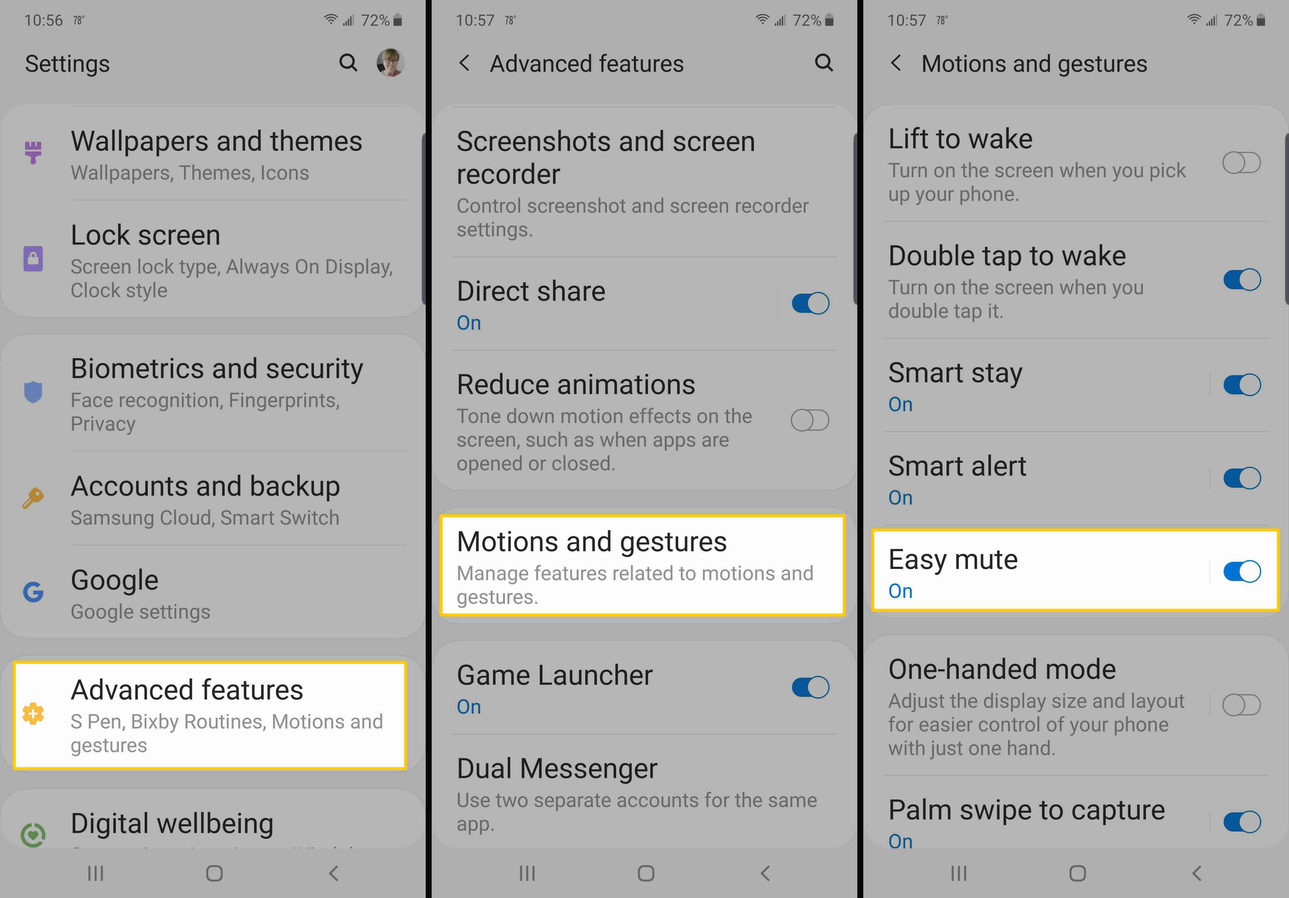 Скриншоты, показывающие, как включить Easy Mute на телефоне Samsung.