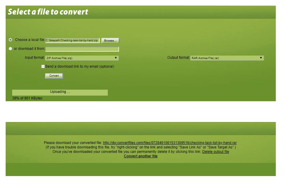 Снимок экрана сайта Convert.Files, конвертирующего ZIP-файл