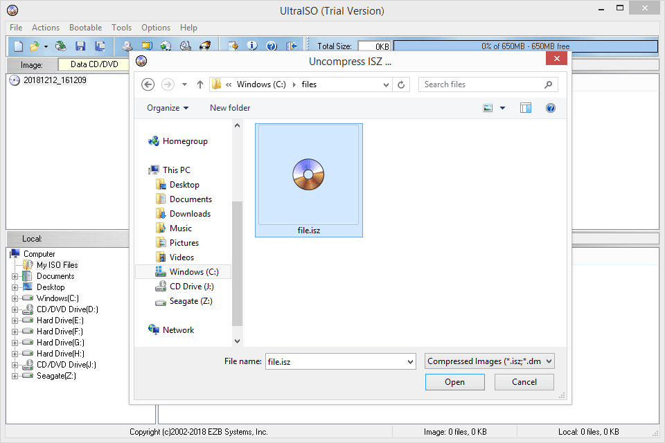 Снимок экрана, показывающий, как распаковать файлы ISZ с помощью UltraISO