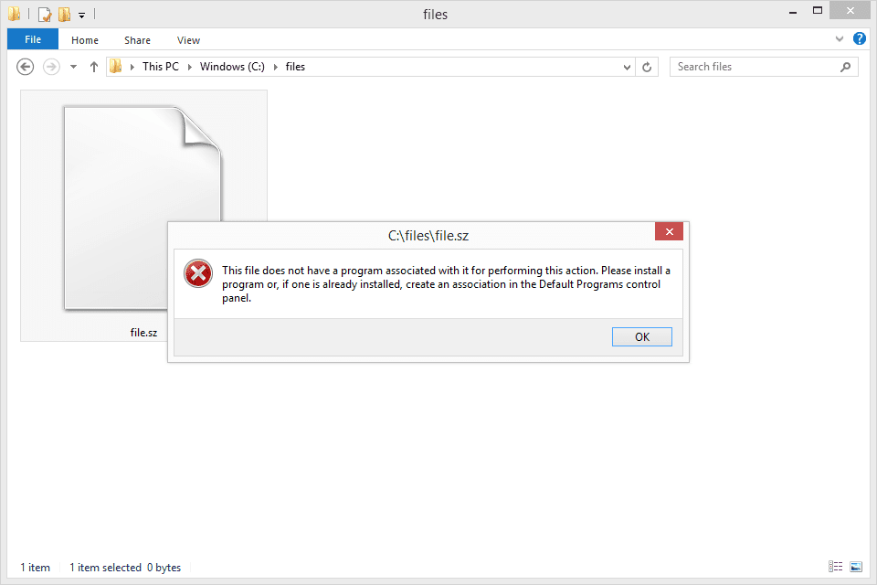 Снимок экрана с сообщением об ошибке в Windows 8 при открытии файла SZ