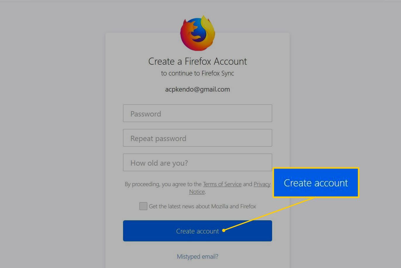 Кнопка «Создать учетную запись» на странице «Создание учетной записи Firefox»