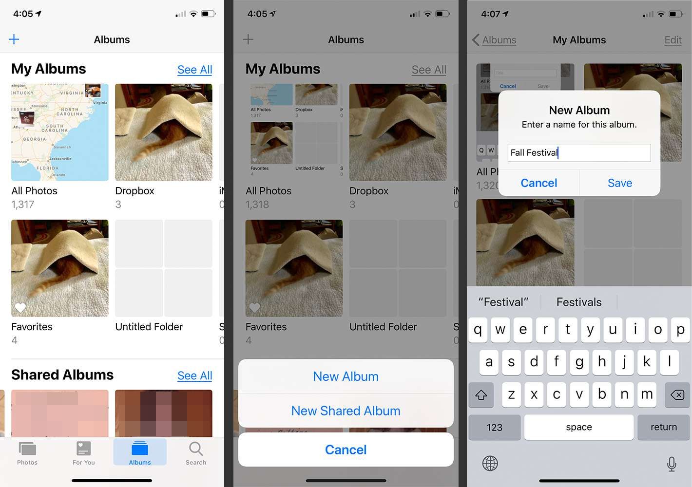 Приложение iPhone Photos, отображающее настройки альбомов