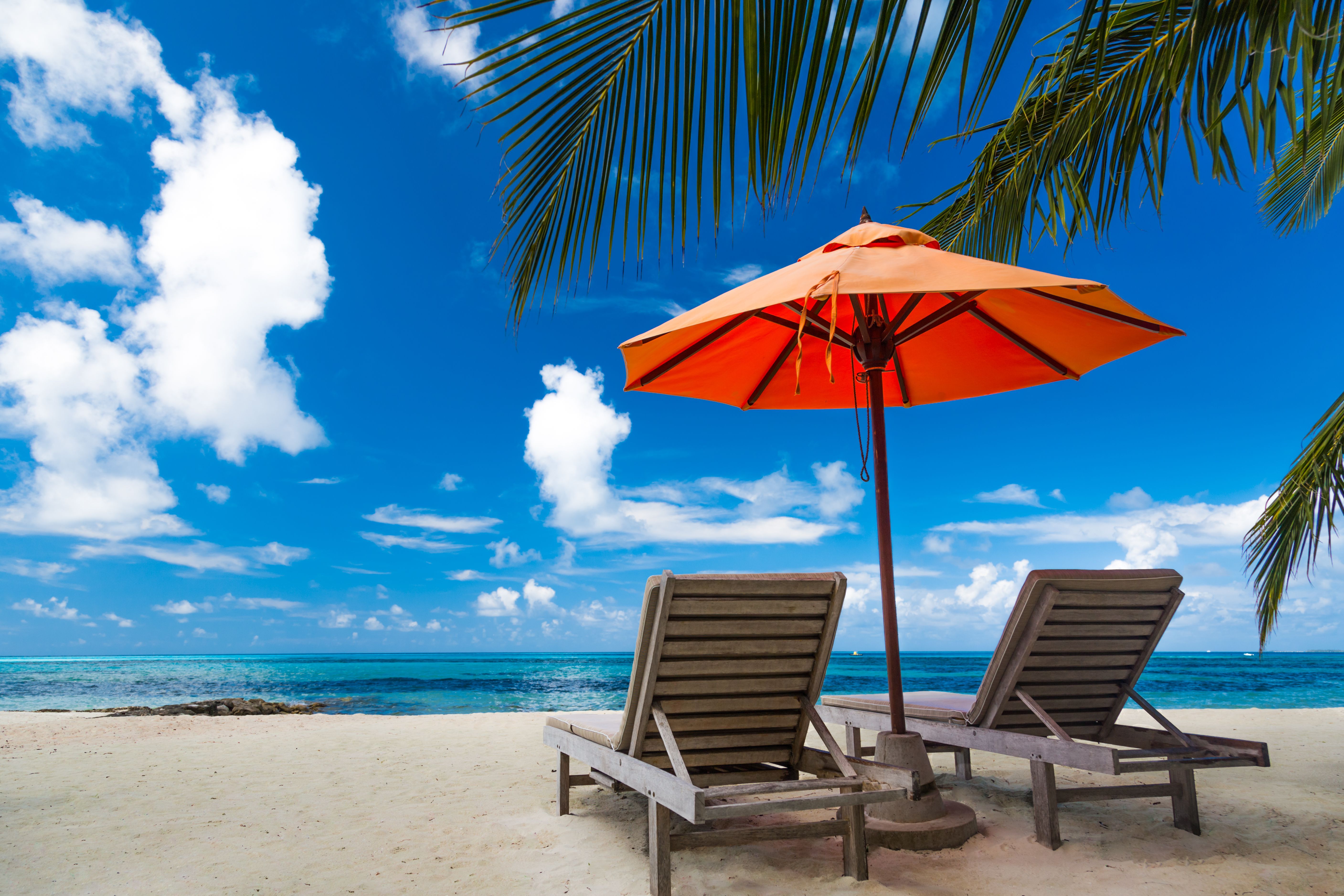 Красивая предпосылка пляжа для перемещения лета с кроватью солнца, кокосовой пальмы и пляжа деревянной на песке с красивым голубым морем и голубым небом. Летнее настроение солнца пляж фон концепции.