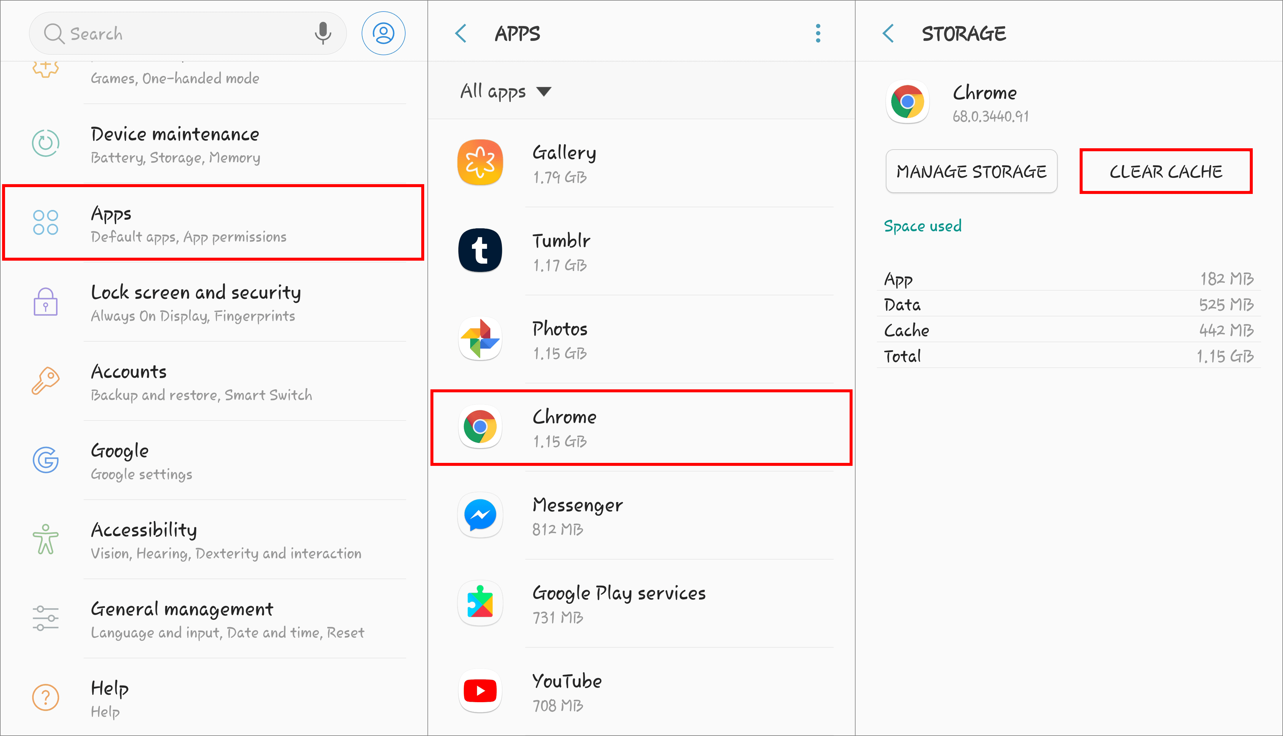 Снимки экрана, показывающие, как удалить кэш приложения Chrome на Android