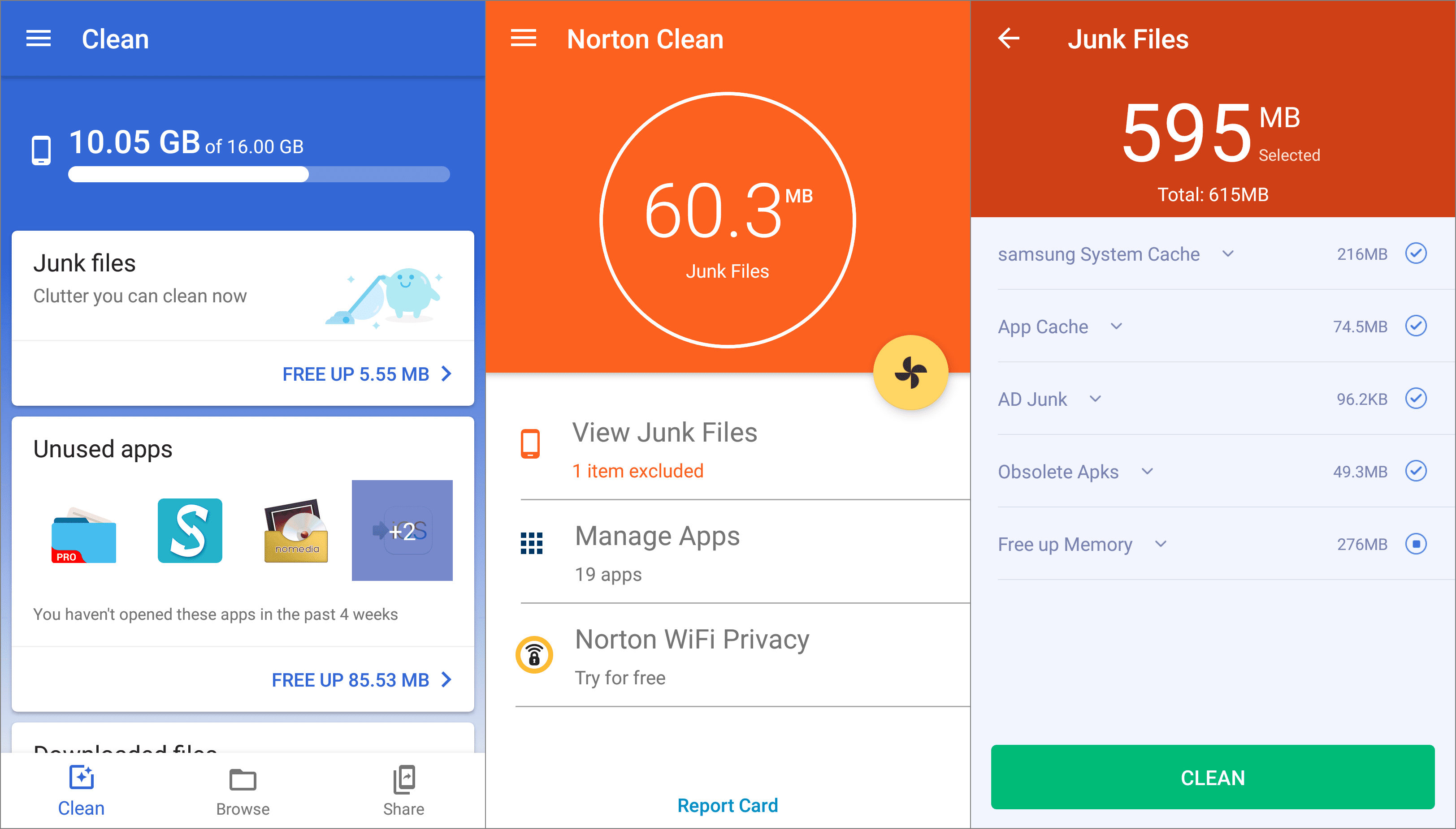 Снимок экрана приложений-очистителей для Android: файлы Go, Norton Clean и Super Cleaner