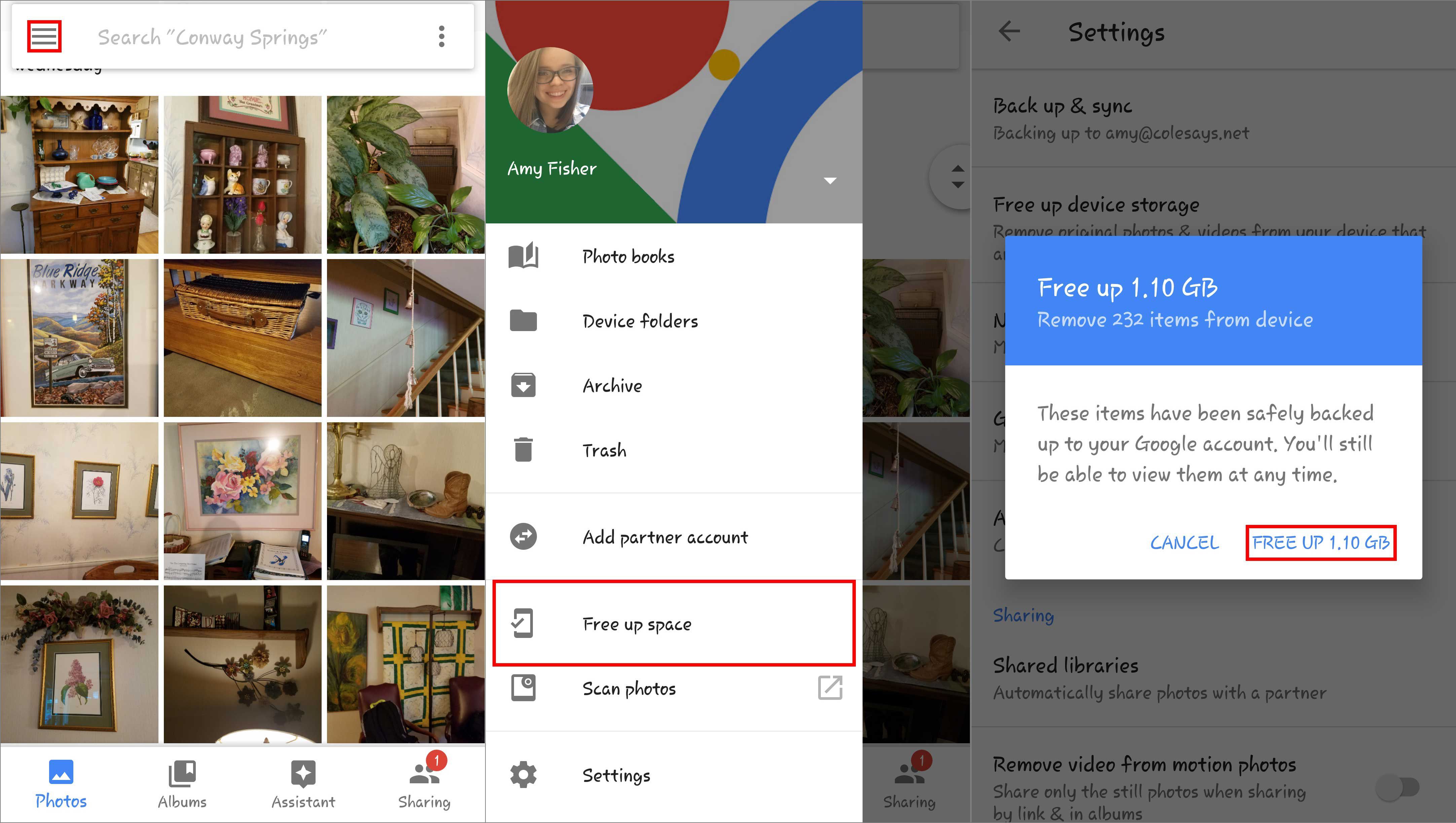 Снимки экрана, показывающие, как очистить пространство на Android с помощью Google Photos
