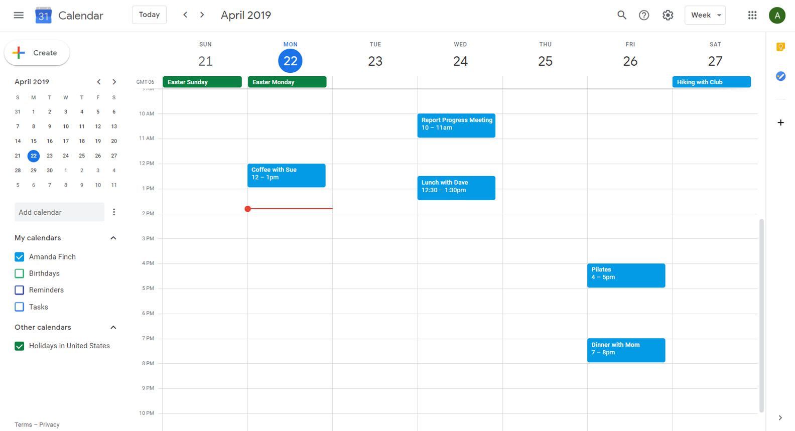 Календарь Google с отображением недели и меню
