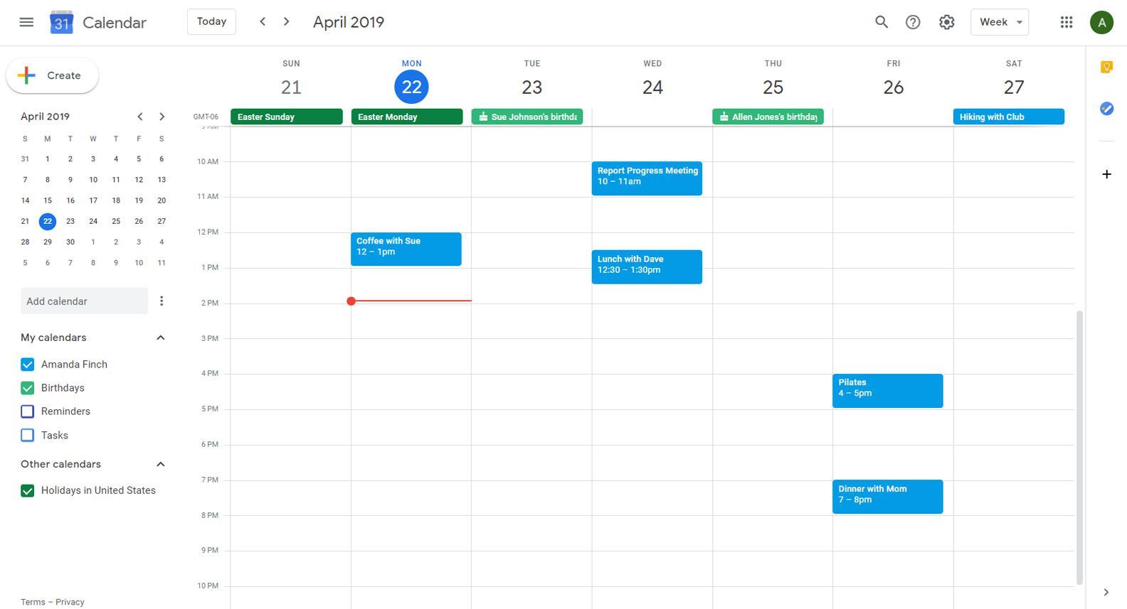 Календарь Google отображает просмотр недели и дни рождения