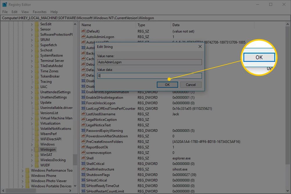 AutoAdminLogon Значение данных 0 в редакторе реестра - выделена кнопка ОК