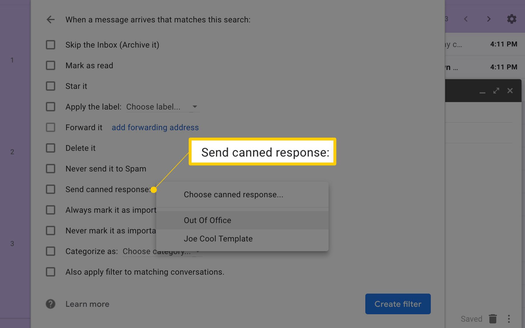 Отправить варианты стандартного ответа в настройках Gmail Filter