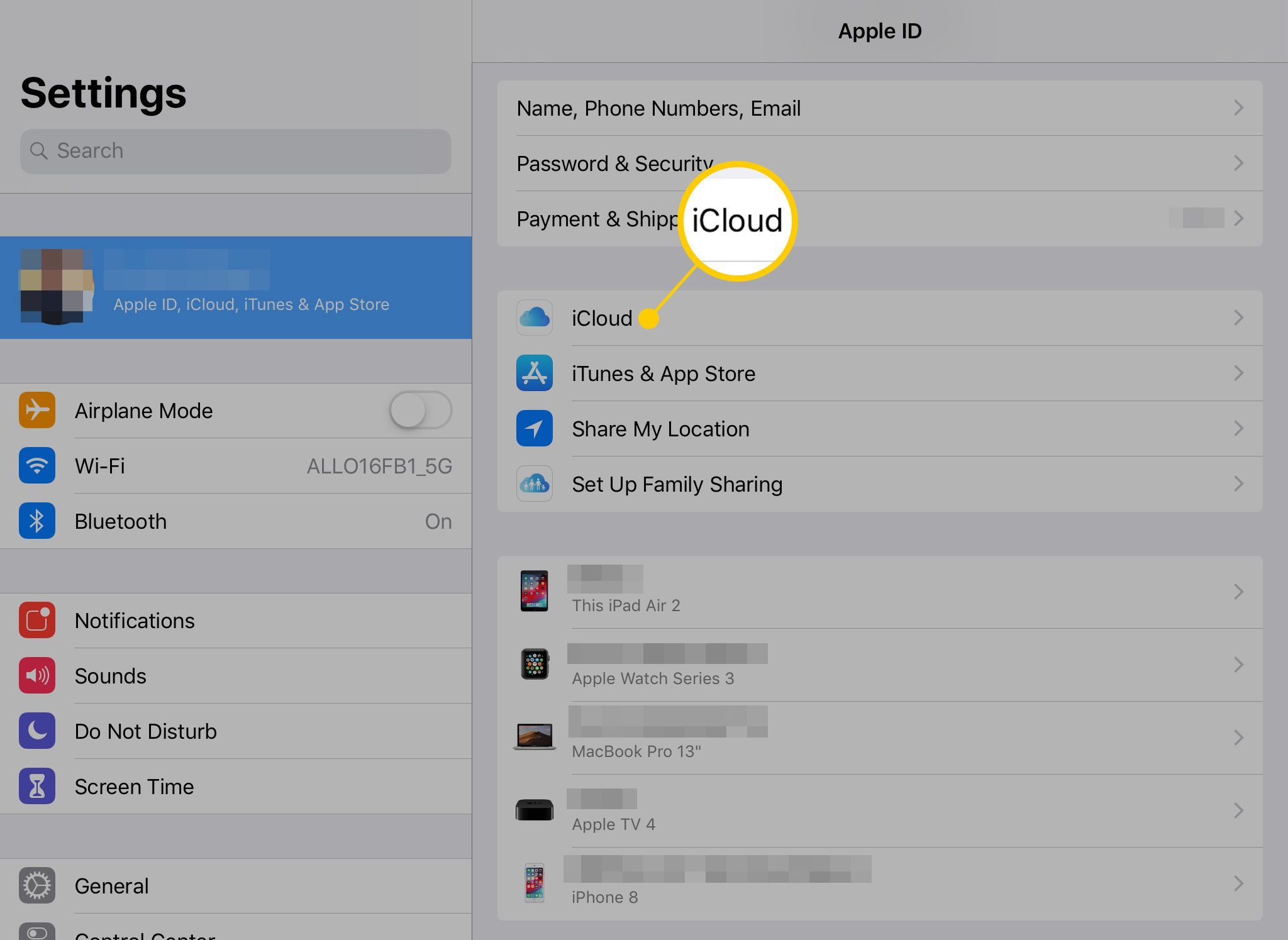 Меню iCloud в настройках Apple ID на iPad