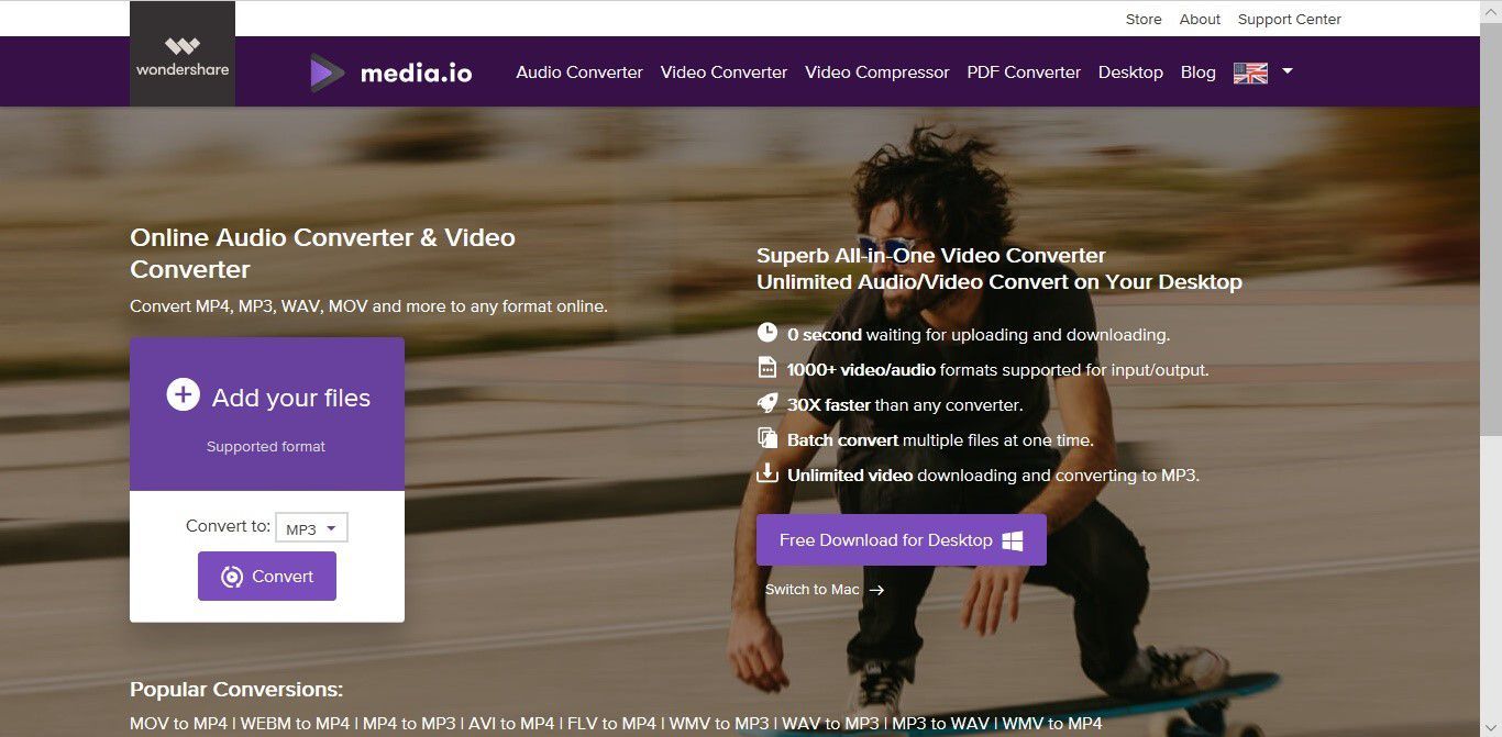 Снимок экрана, показывающий, как загружать аудиофайлы для конвертации на Media.io