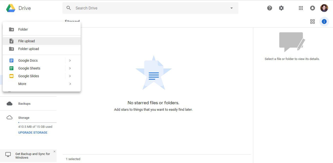 Снимок экрана, показывающий, как загрузить аудиофайл на Google Drive