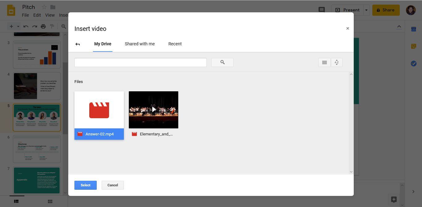 Снимок экрана, показывающий, как вставить аудио в Google Slides с Google Диска