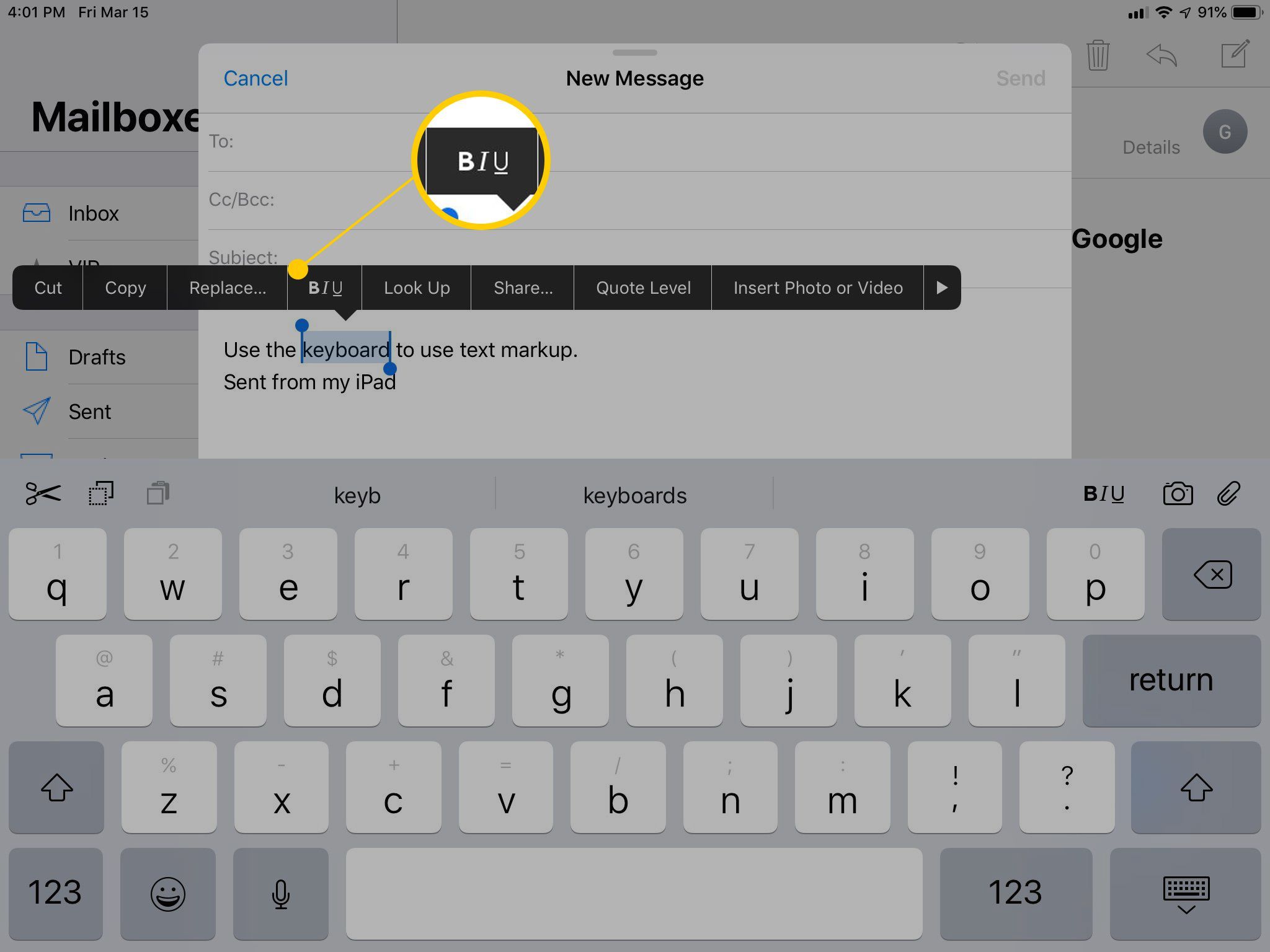 Панель инструментов для форматирования текста на iOS с вариантами жирного, курсива и подчеркивания