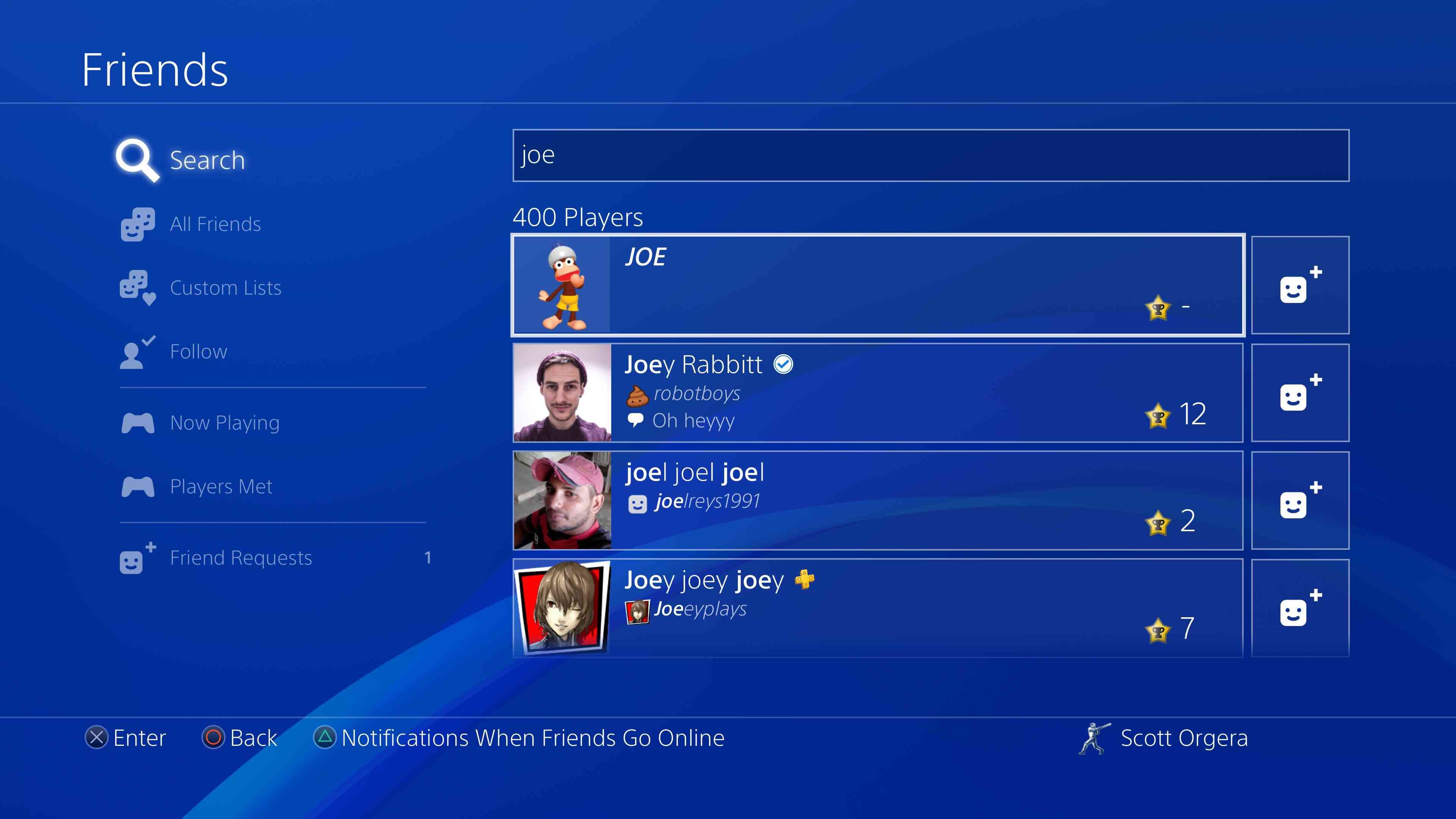 скриншот результатов поиска друзей PS4
