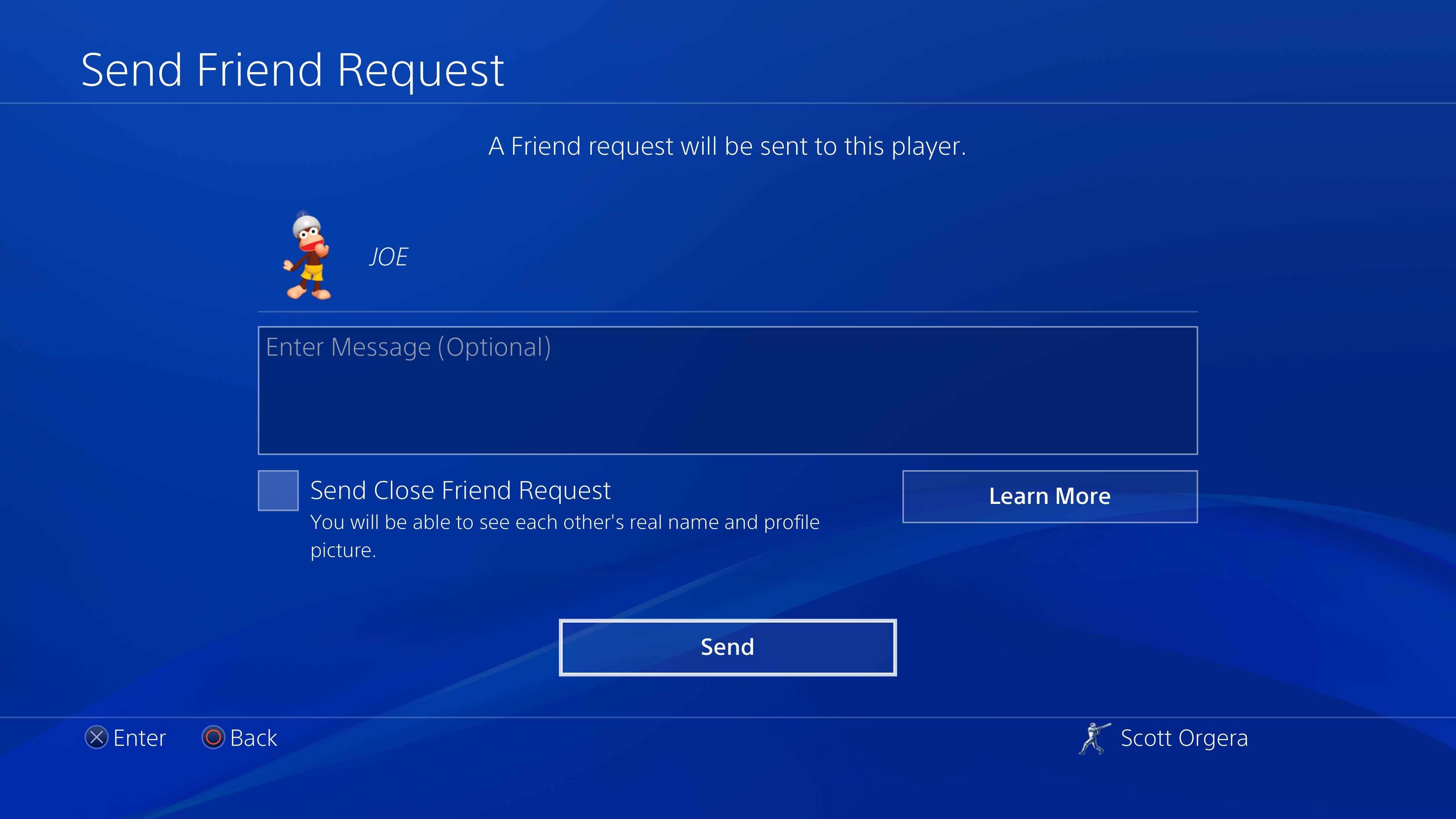 Снимок экрана PS4 Отправить другу Форма запроса